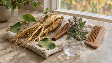 Stilleven op een stenen aanrecht met verse ginsengwortels, ginkgoblaadjes, kaneelstokjes en een houten kam in ochtendlicht, plantenextracten uit het Foligain DHT Blocker Serum met Trichogen