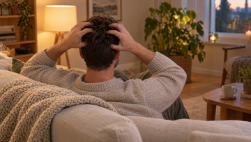Man van achteren op een linnen bank in een warme woonkamer die zijn hoofdhuid masseert met zijn vingertoppen, hoofdhuidmassage tegen haaruitval