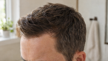 Close-up van boven van kort donker haar bij de haarlijn en slapen van een man, inhammen normaal of beginnende kaalheid