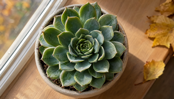 Spiraalvormige vetplant van bovenaf in een keramische pot op een eikenhouten vensterbank in herfstlicht, als beeld voor de kruin bij een kale kruin