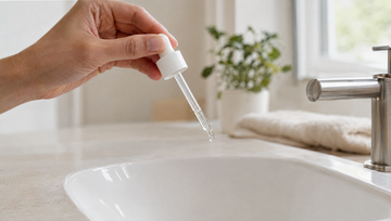 Hand met een glazen pipet en een druppel minoxidil boven een witte wastafel