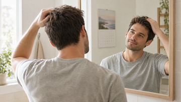 Man bekijkt in de spiegel zijn kruin om de resultaten van minoxidil op haargroei te beoordelen